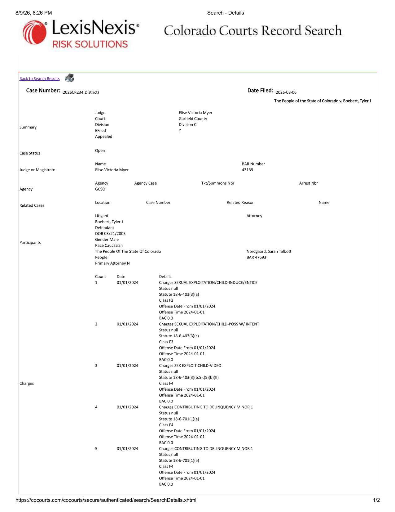 Page 1 of the Colorado Courts record for case 2026CR234, listing the case number, filing date, judge, agency, and all five counts with statutes and felony classes.