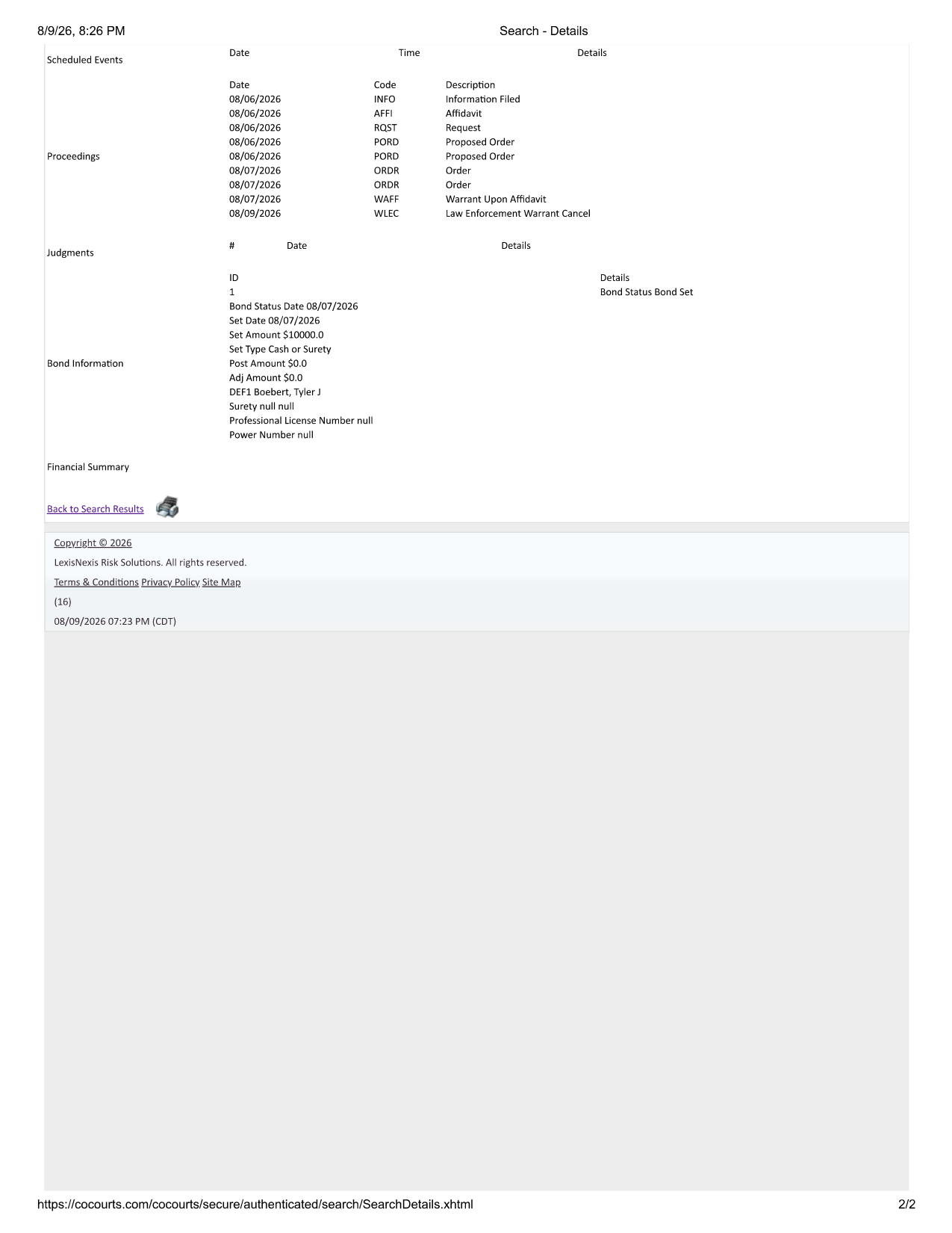 Page 2 of the Colorado Courts record for case 2026CR234, showing the docket proceedings and bond information.