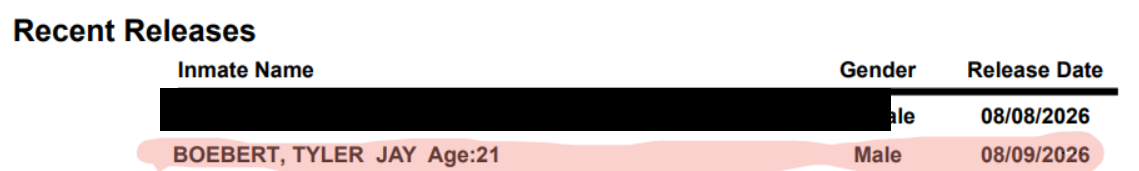 Garfield County recent-releases log showing BOEBERT, TYLER JAY, age 21, released 08/09/2026. One unrelated inmate name is redacted.