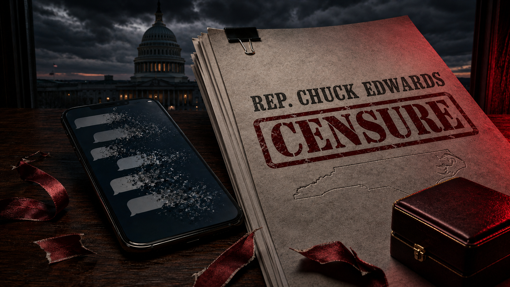 Illustration: deleted texts and a censure report before the U.S. Capitol.